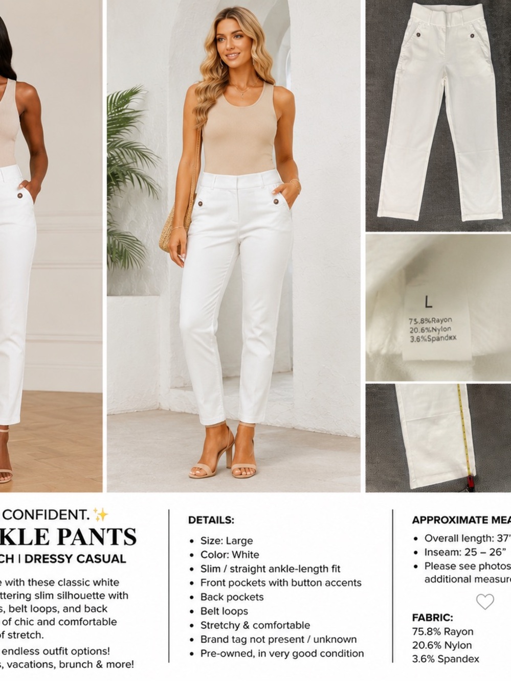🤍 Chic White Stretch Ankle Pants Size Large | Dressy Casual Slim Fit